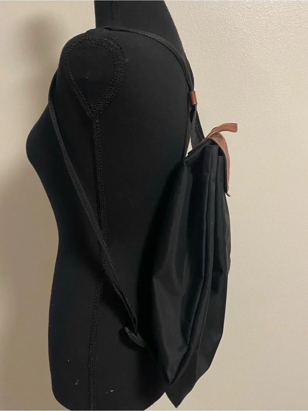 Longchamp Le Pliage Drawstring backpack Black Tan Leather 2 Way Folding NAM LIG